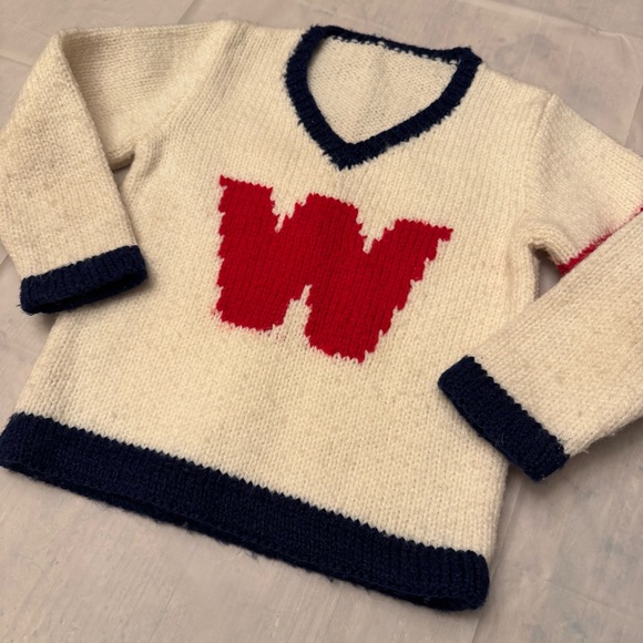 Vintage Toddler Varsity Sweater Handmade Knit, Cream with Red “W,” Navy Trim - Picture 3 of 8